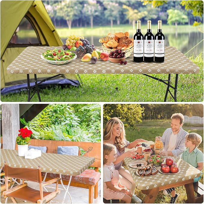 misaya 2 Pack Rectangle Vinyl Table Cloth, Elastic Fitted Tablecloth with Flannel Backing, Waterproof Plastic Table Cover Fits 8 Foot Folding Tables for Picnic, Camping and Outdoor (Khaki, 30" x 96")