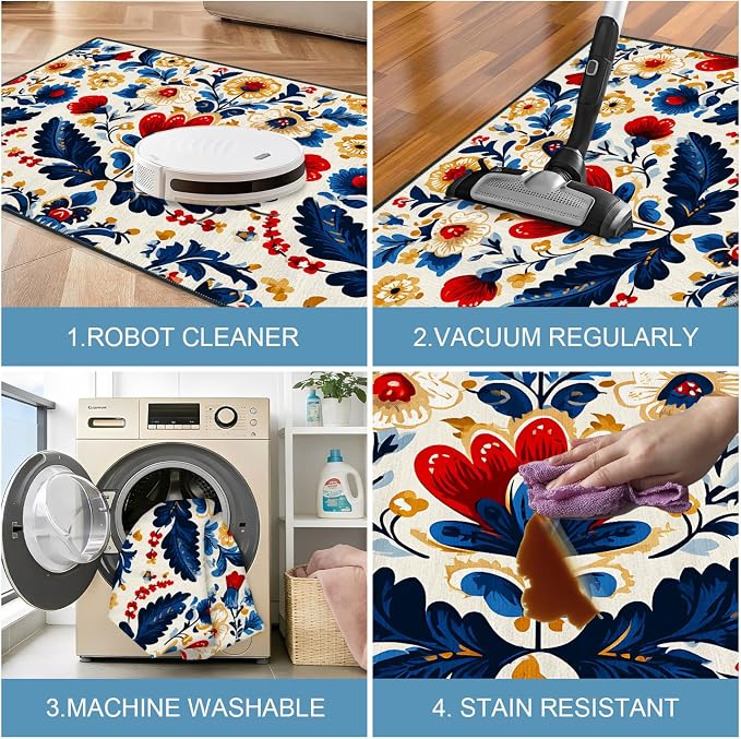 Red and Blue Floral 2x3 Entryway Rug,Non-Slip Washable Door Mat for Kitchen,Bathroom Front Door - Rubber Backing Stain Fade Resistant - Traditional Cottage Style Home Decor