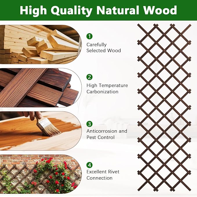 Expandable Wooden Lattice Panels Outdoor Garden Fence Trellis for Climbing Plants Roses Vines Cucumbers Weather Resistant Decorative Wood Privacy Fence (2, 38''x 89'')