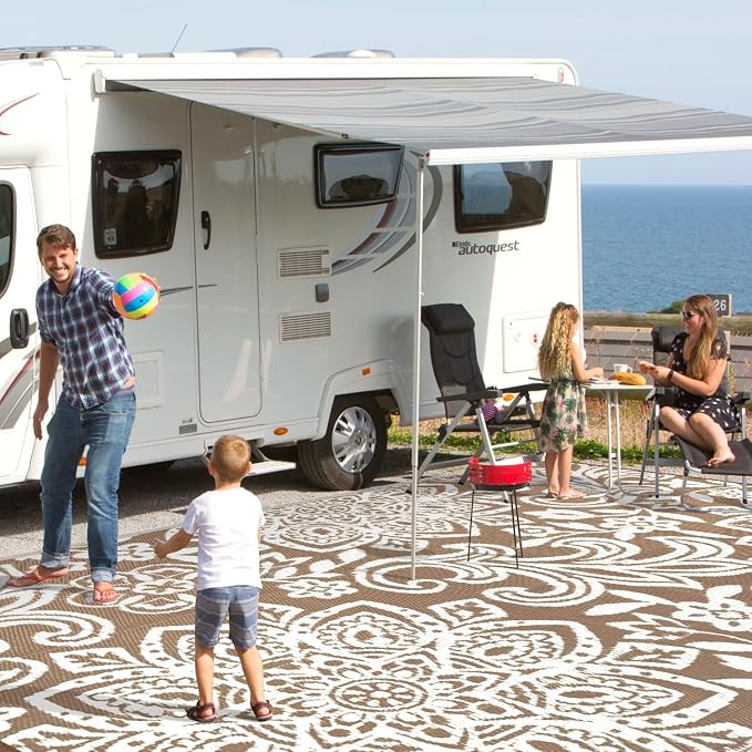 Findosom Waterproof Outdoor Rug 8' x 10' - Reversible Mandala Outdoor Plastic Straw Rug, Durable Foldable Patio Rug for RV, Deck, Balcony, Backyard, Picnic, Porch, Camping, Beach, Brown