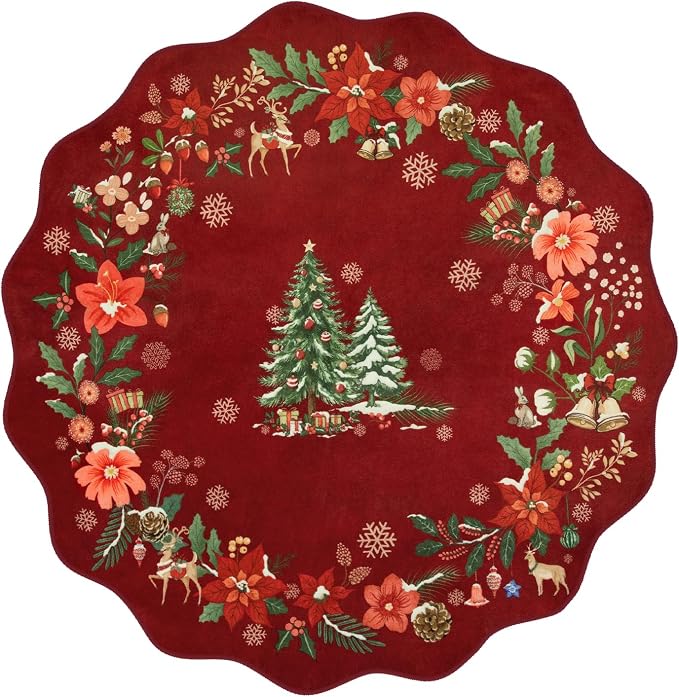 Lahome Floral Christmas Round Rug 4ft, Washable Red Xmas Tree Round Christmas Rug Indoor Mats Non-Slip Non-Shedding Soft Holiday Decor Circle Carpet for Bedroom Nursery, Red