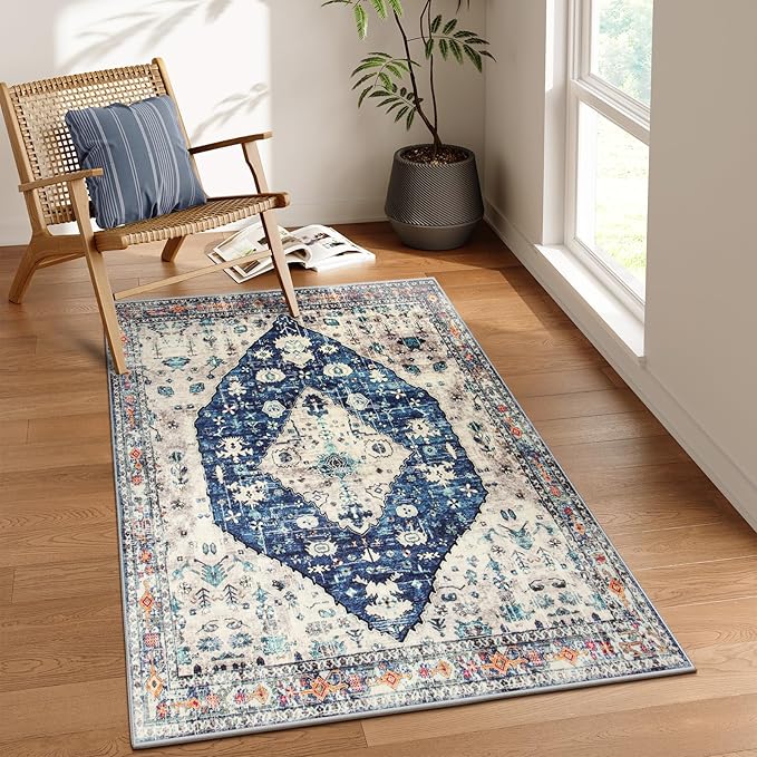 Lahome Felice Boho Tribal Area Rug - 3x5 Blue Living Room Rug Soft Non Slip Washable Office Mat, Low Pile Oriental Entry Way Carpet for Kitchen Sink Bedside Coffee Table Studio Apartment, Blue