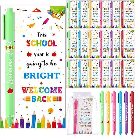 Marspark 30 Set Welcome Back to School Gifts Bulk Ballpoint Pens and Greeting Cards Set with Bags Twist Ties Bright First Day of School Gifts for Teacher Student Classroom Party Favors Supplies