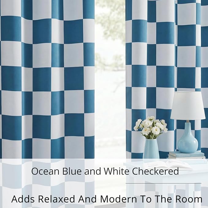 100% Blackout Checkered Curtains – 2 Panels, Each W52×L63, Thermal Insulated, Nosie Reducing for Bedroom, Modern Ocean Blue and White Checkerboard Design