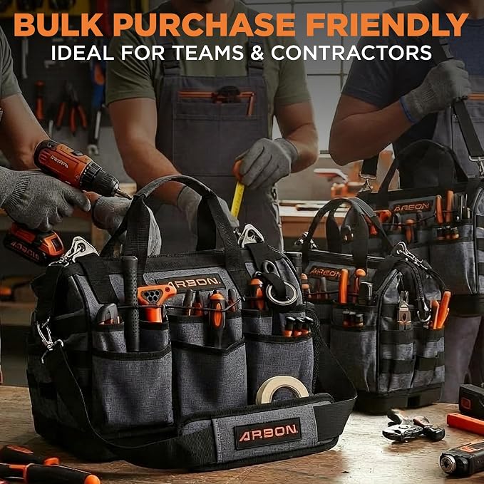 Arbon Electrician Tool Bag – Heavy Duty Organizer with 34 Pockets, Large Storage for Men, 5-Layer Reinforced Walls, Metal Frame, Hard Molded Base, Water Resistant Polyester PP Plastic, Grey, 52+ lb