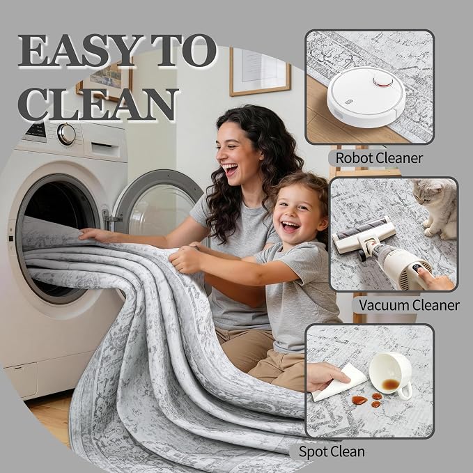 5x7 Washable Area Rugs for Bedroom Grey Non-Slip Rug | Vintage Medallion Rug，Soft Low Pile Large Rugs，Indoor Retro Carpet for Bedroom Nursery Dining Table Farmhouse Home Office
