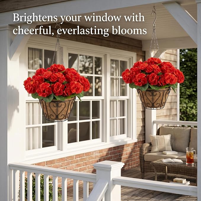 2 Pack Artificial Geraniums Flowers with Hanging Baskets,UV Resistant Silk Faux Red Geranium Flowers with Hanging Planters for Outdoor Patio Balcony Front Porch Garden Home Decor