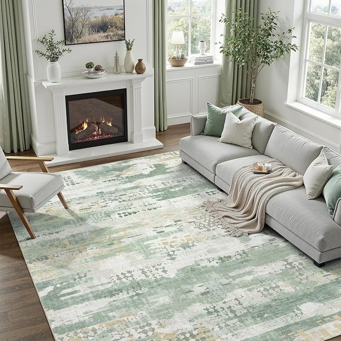 DCX Washable Abstract Area Rug 6x8, Non Slip Low Pile Rug, Sage Green | Easy to clean, non-shedding, soft, kid & pet friendly, with a non-slip rubber backing for living rooms, bedrooms, and offices