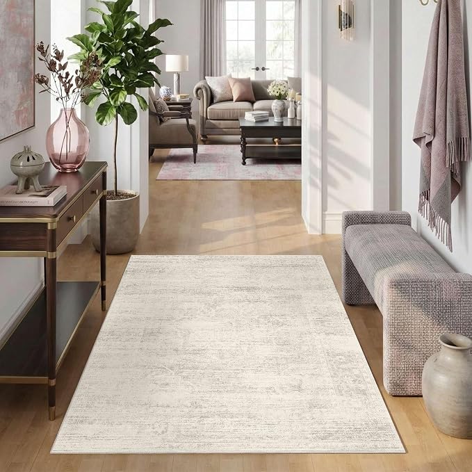 Latte&Fog Ivory 4x6 Area Rug Vintage Washable Small Neutral Rug for Laundry | Non Slip Low Pile Soft Floral Cute Carpet for Dining Kitchen Kids Playroom Nursery Guest Room Classroom Dorm Farmhouse Office