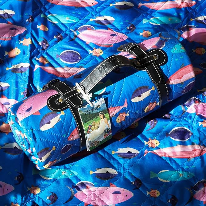 Picnic Blanket, 80x80 Inches, White Fish Pattern, Double Thickened with 150g Cotton, Portable Foldable with Leather Carry Strap