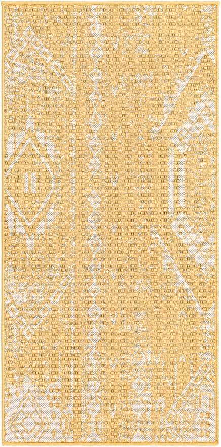 Unique Loom Outdoor Bohemian Collection Area Rug - Anthro (2' x 4' 1" Runner, Yellow/ Ivory)