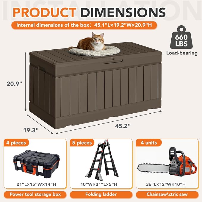 78 Gallon Deck Box Outdoor Indoor Waterproof Storage Box for Patio Furniture, Pool Accessories, Garden Tools, and Cushion Storage, Brown
