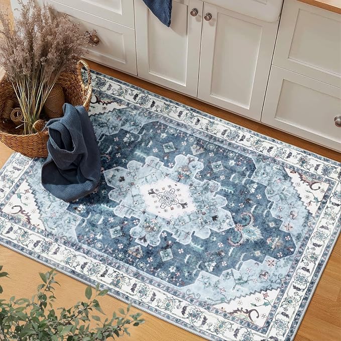 SERISSA 2x3 Washable Non Slip Boho Small Area Rug for Entryway | Ultra Soft Vintage Oriental Carpet Low-Pile Blue Indoor Mat for Bedroom Kitchen Bathroom Entrance Floor