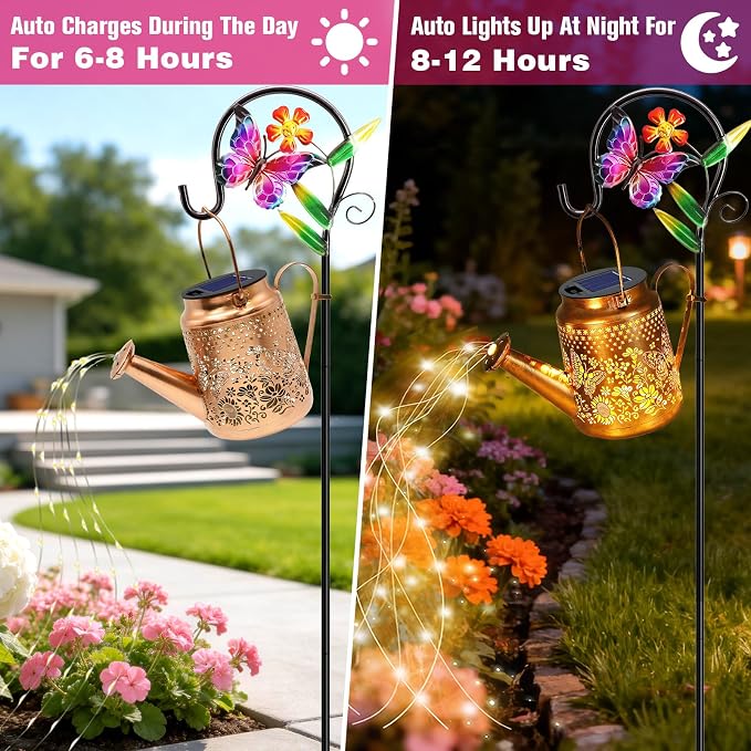 VOOKRY Solar Lights Outdoor Waterproof, Butterfly Retro Metal Solar Watering Can Lights, Gifts for Women Mom Grandma Birthday, Hanging Lantern Decorative Garden Decor for Outside Yard Lawn Patio