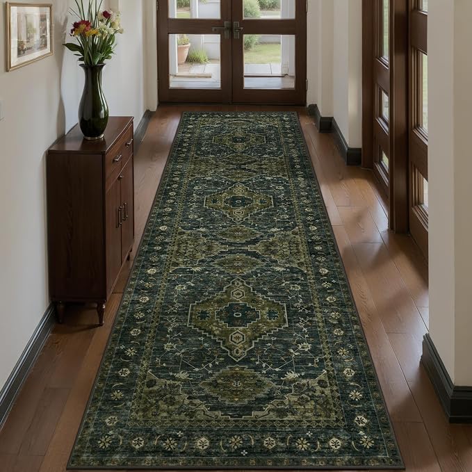 Tangsoo 2.6x8 Washable Runner Rug for Hallways, Non Slip Vintage Runner Rug | Oriental Olive Green Soft Low Pile Long Rug Runner, Boho Print Carpet Runners for Kitchen Bedroom Entryway Living Room
