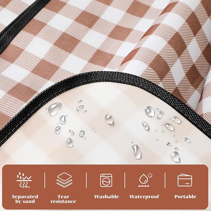 Picnic Blanket Waterproof Beach Rug 80''x118'' Picnic Mat Washable Lightweight with Handle Coffee Checkered for Hiking Travelling Outdoor Camping,Parks