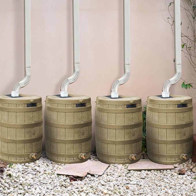 Good Ideas Rain Wizard 50 Gallon Plastic Outdoor Home Rain Barrel Water Storage Collector with Brass Spigot and Flat Back Design, Khaki (4 Pack)