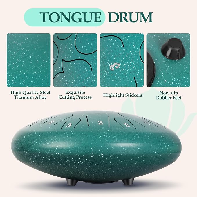 Handpan Drum, 15 Notes 12 Inch Steel Tongue Drum with Music Book Tongue Drums Gift Rain Drum Mallet, and Carry Bag(Malachite, 12 Inch)