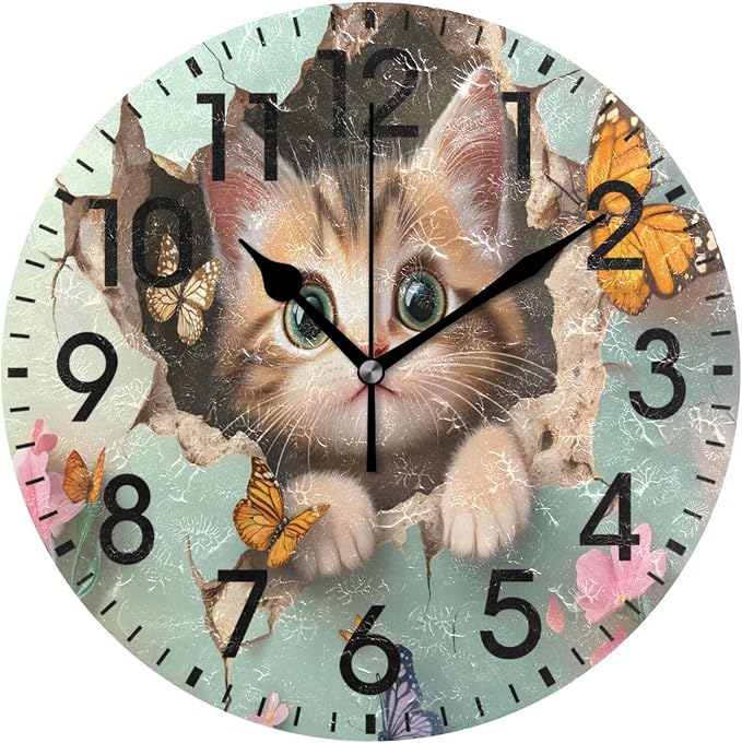 ALAZA Home Decor Kitten Cat Butterfly Wall Round Acrylic 9.84 Inch Wall Clock Non Ticking Silent Clock Art for Living Room Kitchen Bedroom