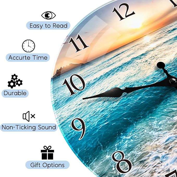 Britimes Round Wall Clock Silent Non-Ticking Battery Operated Outdoor Waterproof Glass Clock 12 Inch, Beach Sunset Summer Sea Home Decor for Living Room, Bathroom, Kitchen, Bedroom, and Office