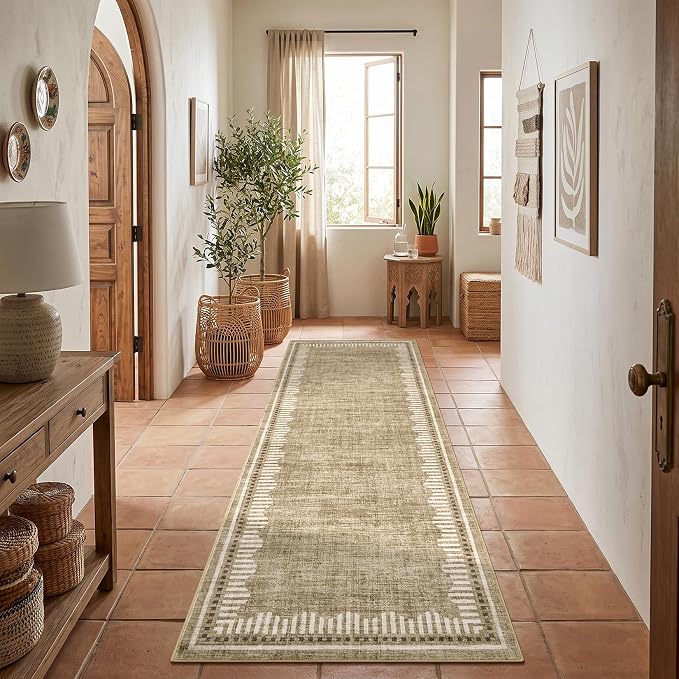 Garvee Washable Hallway Runner Rug 2x6 Non Slip Neutral Scalloped Runners | Taupe Low Pile Stain Resistant Kitchen Runner Mat Solid Color Modern Geometric Living Room Bedroom Nursery Entry Area Rugs
