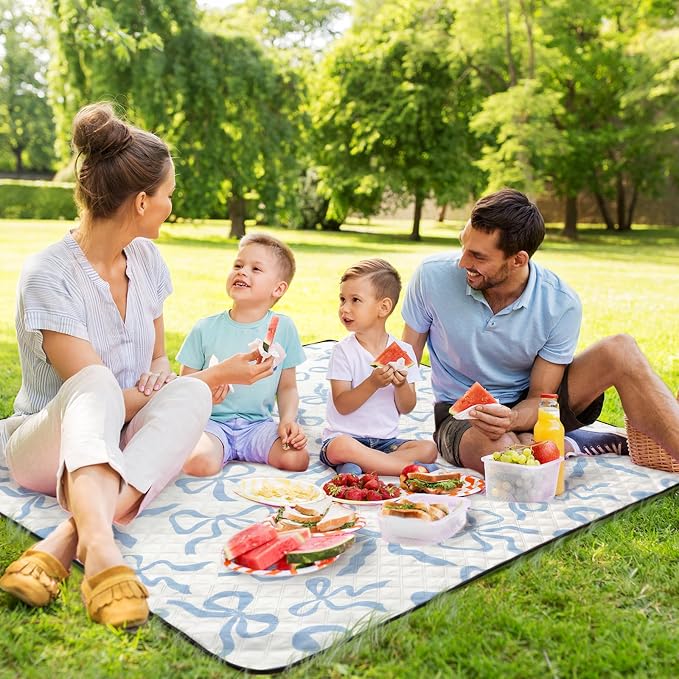 SmoothNovelty Blue Bow Picnic Blanket 80'' x 80'' Waterproof Extra Large Camping Blanket Coquette Picnic Mat Foldable Portable Preppy Outdoor Beach Mat with Carry Strap for Outdoor Grass Lawn Park