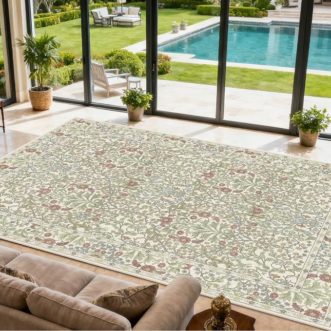 Extra Large 10x14 Area Rug for Living Room, Washable Rugs for Dining Room, Bedroom, Non Slip Stain Resistant Carpet, Low Pile Vintage Floral Rug (Light Green)