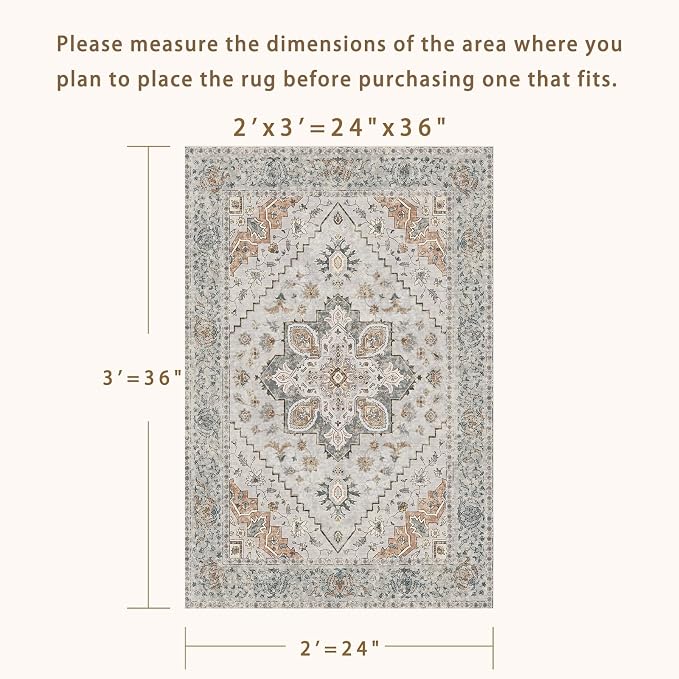 Tangsoo Vintage Small Washable Rugs for Entryway, 2x3 Rug Non Slip Grey Rug Throw Accent Indoor Front Door Distressed Door Mat, Soft Low Pile Area Rugs for Entrance Kitchen Bathroom