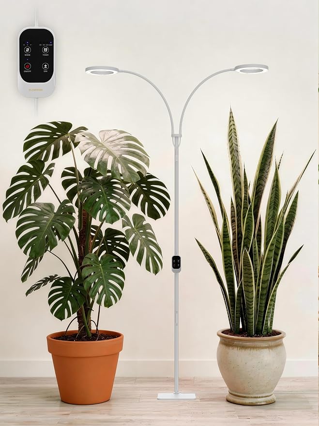 GLOWRIUM Grow Lights for Indoor Plants, Full Spectrum LED Grow Light Floor Lamp with Stand Adjustable Height and Angle, Black Plant Light with 3/9/12H Grow Light Timer (White, Dual Heads)