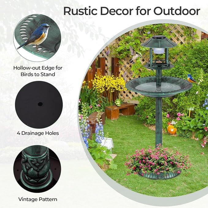 LDAILY Outdoor Bird Bath, 42’’ Solar Lighted Pedestal Birdbaths with Birds Feeder ,20’’ Water Bowl, Flower Planters and 3 Stakes, Attract Birds Antique Bird Bath for Outside Garden, Yard (Green, 42‘’)