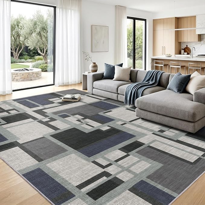 Modern Geometric 8x10 Area Rugs for Living Room, Slate Blue Washable Rug | Blue Grey Patchwork Blocks Non-Slip Indoor Carpet for Bedroom Dining Room | Contemporary Abstract Soft Low-Pile Large Rug