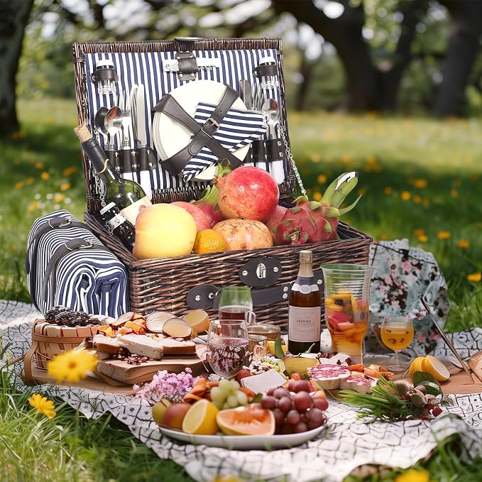 Picnic Basket Set for 4 with Waterproof Blanket Mat Insulation Bag Wicker Navy Blue Vintage Classic Gift for Christmas Thanksgiving Wedding Birthday Camp Outdoor Beach Travel