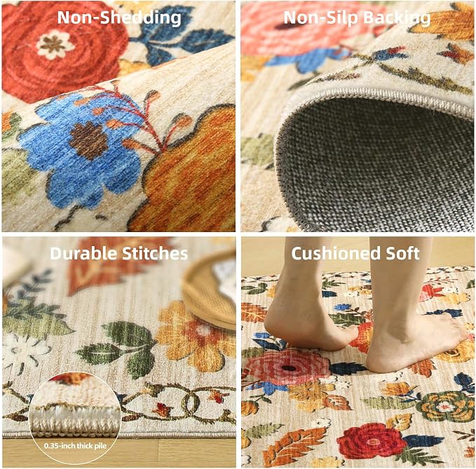 5x7 Area Rugs for Living Room: Machine Washable Rug for Bedroom Non Slip Low Pile Soft Faux Wool Non Shedding Distressed Vintage Floral Carpet for Dining Room Kitchen Entryway Farmhouse Office Indoor