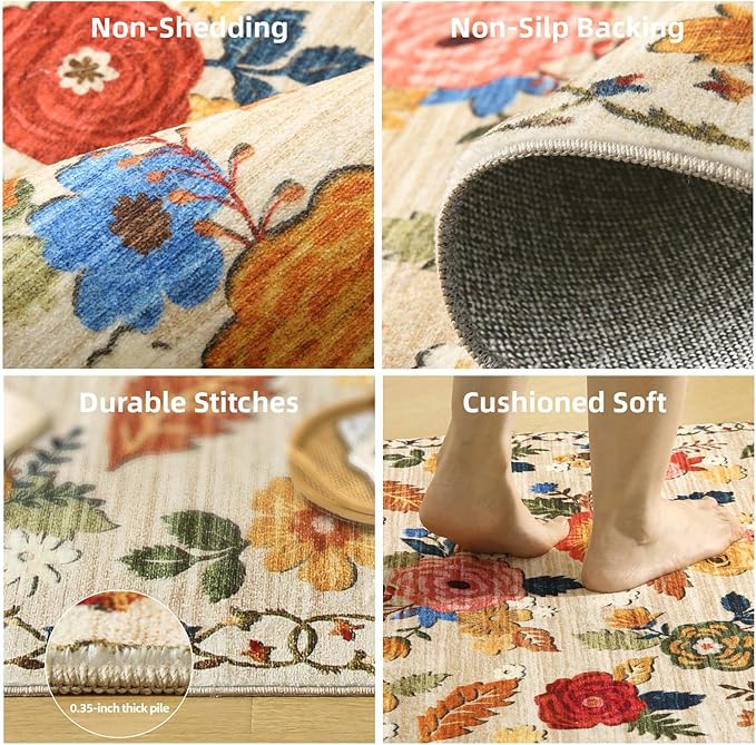 2x6 Hallway Washable Runner Rug: Vintage Kitchen Rug Runner with Non Slip Backing Low Pile Soft Faux Wool Non Shedding Distressed Carpet Runners for Entryway Living Room Bedroom Bathroom Farmhouse