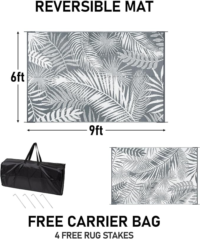 Outdoor Plastic Straw Rug - 6x9Ft Waterproof Reversible Patio Mat for Deck, Beach, RV, Camper, Backyard