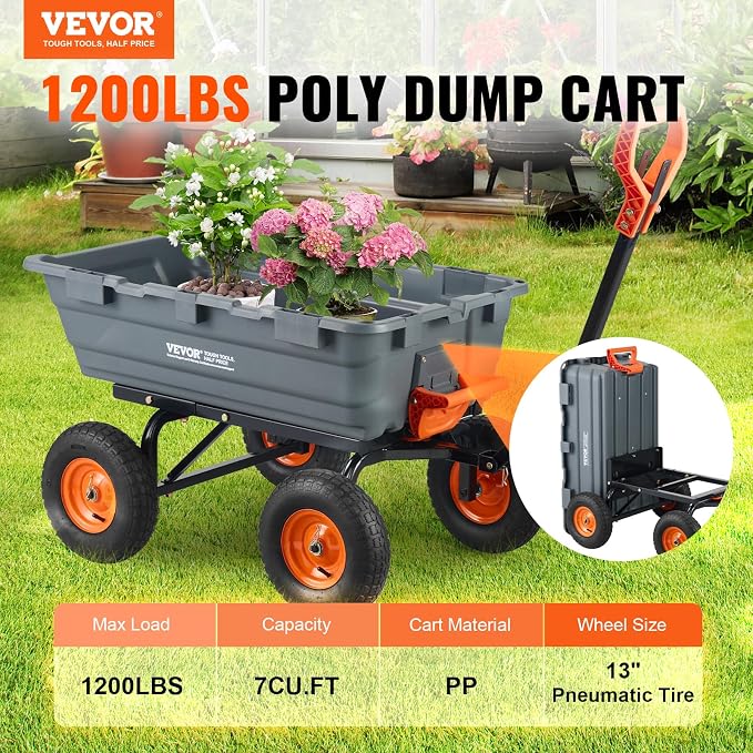 VEVOR Heavy Duty 1200lbs 7 Cu.Ft Wheelbarrow Garden Dump Cart Wagon | 2-in-1 Convertible Handle to Trailer For ATV Mower Tractor, 13in All Terrain Wheels