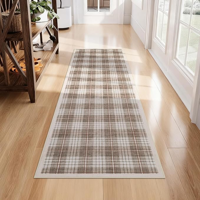 GarveeHome Checkered 2x6 Runner Rug, Machine Washable Stain Resistant Rug with Non Slip Backing, Carpet with Low-Pile for Hallways Kitchen Entryway Bedroom Living Room Beige