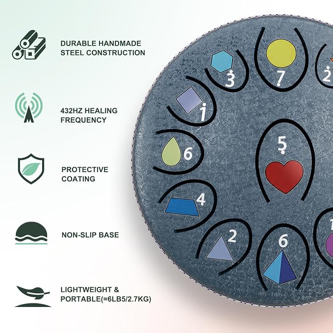REGIS Rain Drum for Outside Garden, 6.8 Inches 13 Notes Steel Tongue Drum, Waterproof Meditation Rain Chime, UV-Printed Notes & Geometric Design, with Bag, Mallets & Music Book(Navy)
