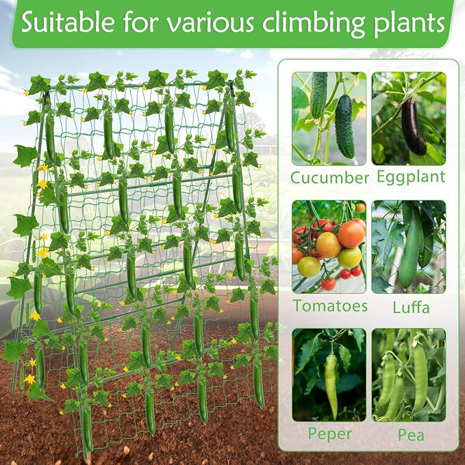 32 x 53 Inch Cucumber Trellis for Climbing Plants Outdoor A-Frame Garden Trellis for Raised Bed Detachable Sturdy Garden Plant Support Trellis for Small Plant Vegetable Flower Grape with Climbing Net