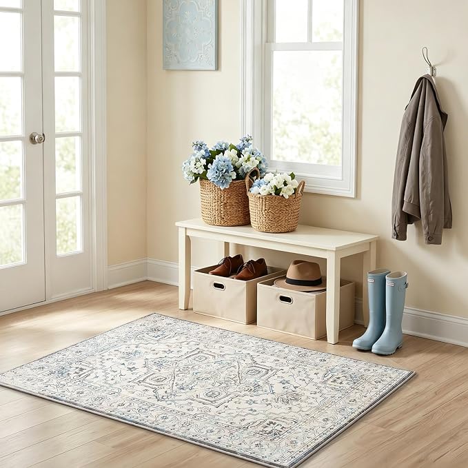 Vintage Washable Area Rug 3x5, Non-Slip Low-Pile Elegant Persian Carpet for Bedroom Kitchen Entryway Office, Stain Resistant Traditional Indoor Small Rug, Neutral Cream Blue