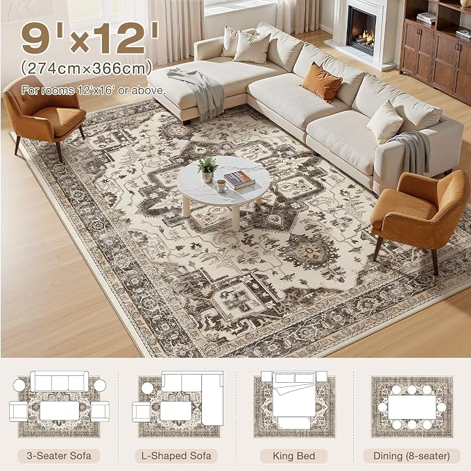Vintage Washable 9x12 Area Rug for Living Room, Dark Brown | Soft Low Pile Rug with Non-Slip Backing, Stain Resistant for Bedroom or Dining Room, Kid & Pet Friendly