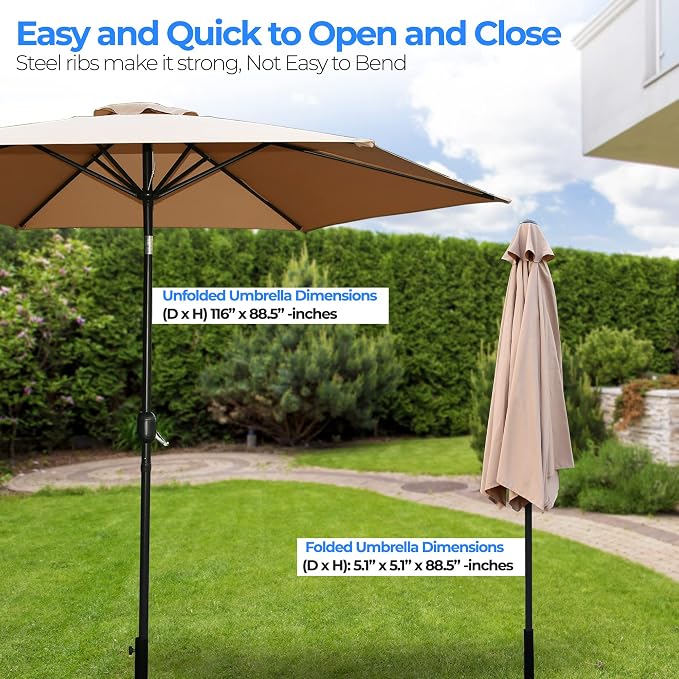 10ft Patio Table Umbrella, 6 Sturdy Ribs with Push Button Tilt, Easy Close Open Crank, Outdoor Furniture for Garden Lawn Deck Pool Beach, Weatherproof Fabric