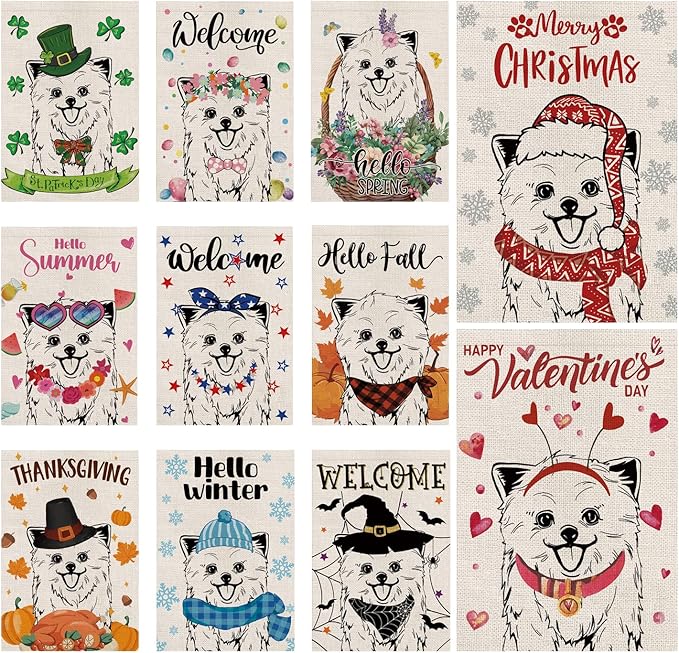 Seasonal Garden Flags Pomeranian Double Sided Flags Set of 11 Holiday Farmhouse Indoor Outdoor Yard Lawn Christmas Gifts Decorations 12.5x18 Inch
