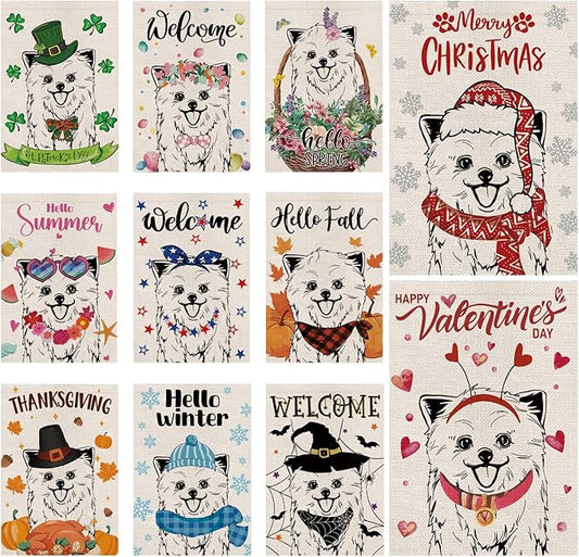 Seasonal Garden Flags Pomeranian Double Sided Flags Set of 11 Holiday Farmhouse Indoor Outdoor Yard Lawn Christmas Gifts Decorations 12.5x18 Inch