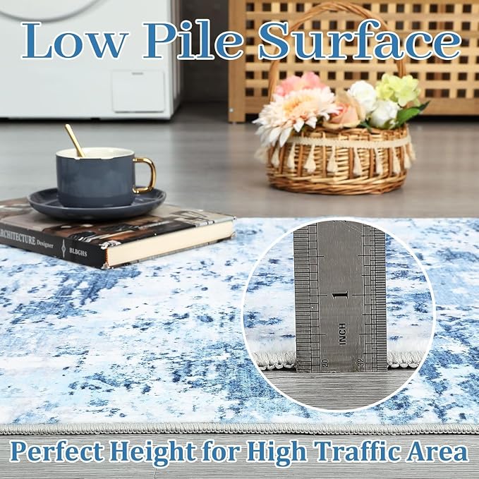 ROYHOME Modern Abstract 2x8 Runner Rug Non Slip Non Shedding,Light Blue | Low Pile Stain Resistant Rug for Hallway Kitchen Bedroom Non Shedding