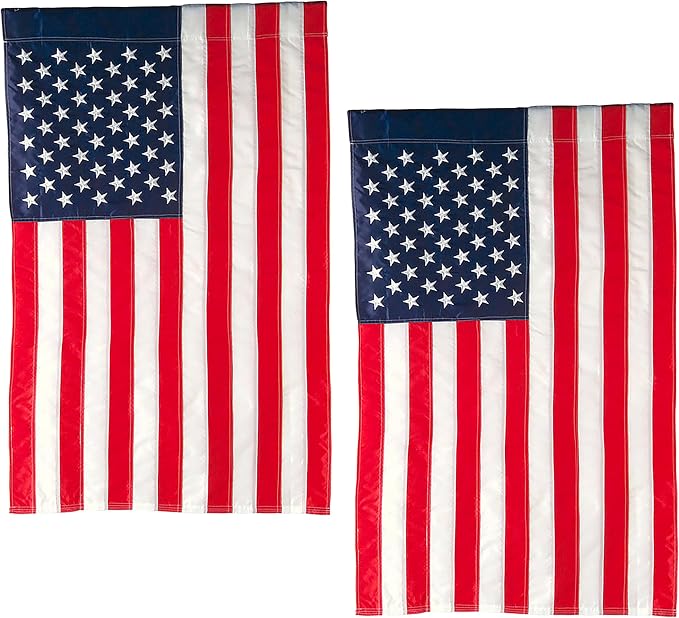 Evergreen Set of 2 American Flags 12x18 Double Sided | Patriotic House Flags For Outside | Small American Flag Garden Size | Embroidered Stars and Stripes | USA Residential or Commercial