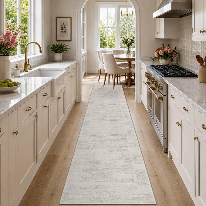 Latte&Fog Hallway Runner Rug 2x10 Non Slip Washable Ivory Rugs for Kitchen | Low Pile Soft Neutral Throw Rug Doormat for Entrance Bathroom Laundry Bedside Bedroom Nursery Playroom Hallyway Dorm Office