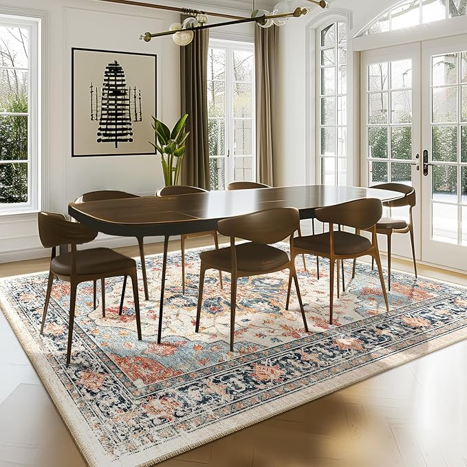 RELEANY Washable Area Rug, 7'x9', Beige/Blue/Orange | Non-Slip, Water Repellent, Pet Friendly, Easy to Clean, Vintage Floral Boho Decor for Living Room Bedroom Dining Room Office