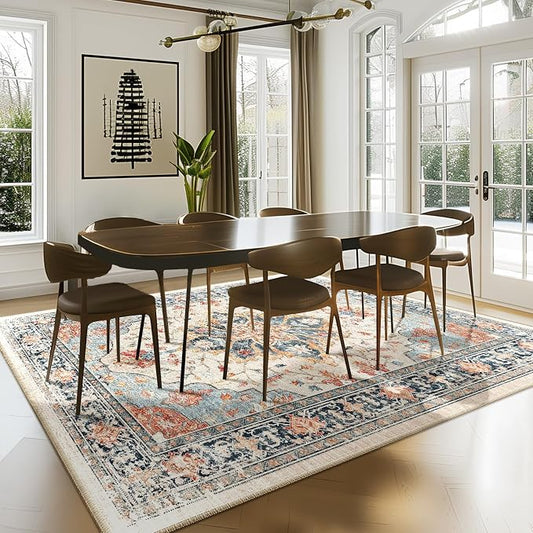 RELEANY Washable Area Rug, 7'x9', Beige/Blue/Orange | Non-Slip, Water Repellent, Pet Friendly, Easy to Clean, Vintage Floral Boho Decor for Living Room Bedroom Dining Room Office