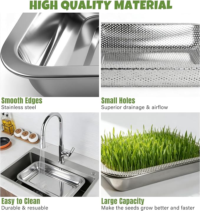 2 Pack Stainless Steel Seed Sprouter Trays, 2-Tier Soil-Free Microgreens Growing Kit, Rust-Free Sprouting Tray with Mesh Pads for Sprouts Beans Alfalfa Wheatgrass (10.6" * 7.9" * 1.9")